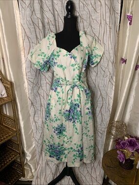 Talbots Cream Midi Dress with Green and Purple Floral Print
